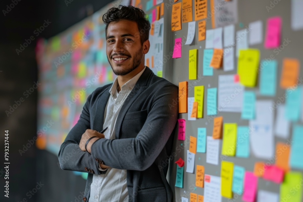 Poster a man standing in front of a wall covered with sticky notes. generative ai.
