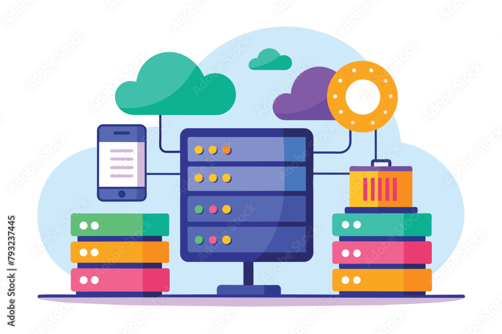 Poster stack of books with phone, online database big data storage information base computer application, s