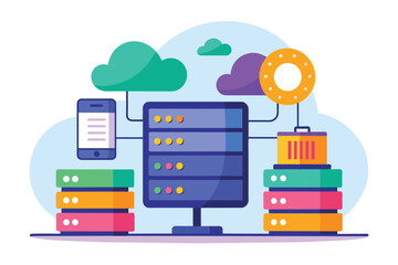 Stack of Books With Phone, online database big data storage information base computer application, Simple and minimalist flat Vector Illustration