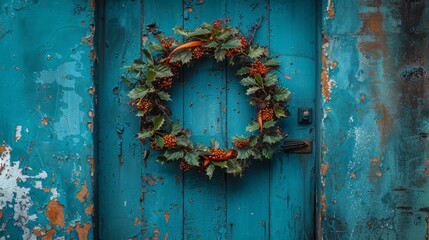   A door with a wreath adorning its front and a handle situated at its reverse side - obrazy, fototapety, plakaty