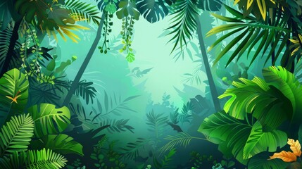 A seamless horizontal vector illustration of a dense tropical rainforest, perfect for backgrounds and nature-themed designs