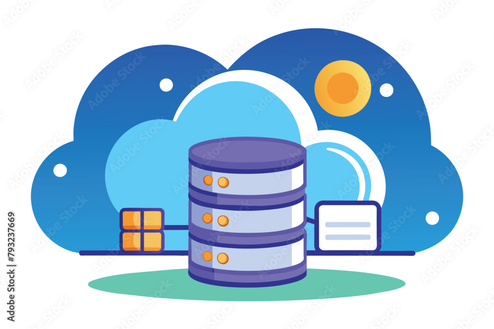 Poster a stack of data with a cloud in the background, install cloud database for data security, simple and
