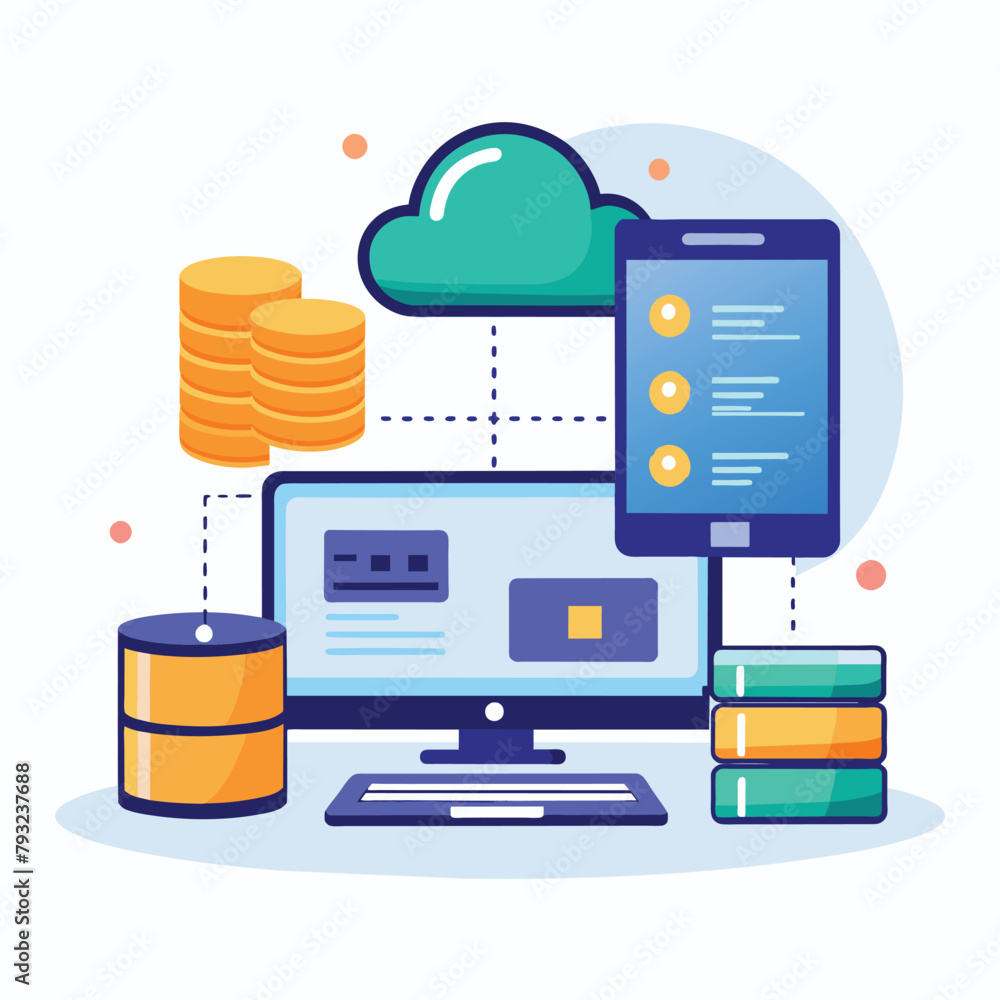 Poster computer and stacks of coins with cloud, man with laptop managing cloud data database folder, simple