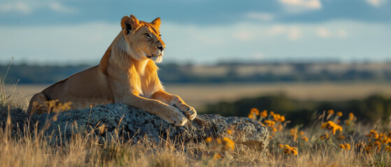 Graceful Lioness Relaxing Atop a Rock in Savanna