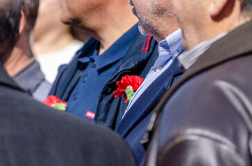 Selective focus. Detail of a red carnation on the jackets of two men celebrating April 25th in...