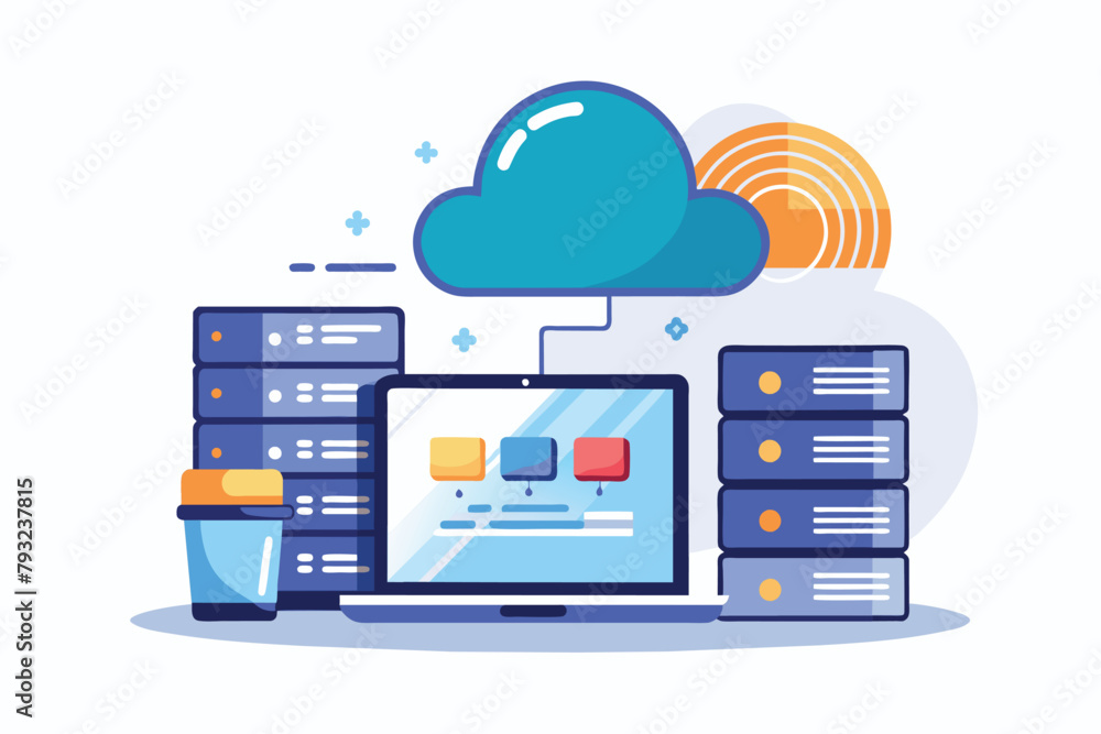 Poster a laptop with a cloud symbol hovering above it, representing cloud storage and data transfer, man wi