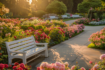 Sundown in Blossoming Rose Garden: A Tapestry of Colors and Fragrances - obrazy, fototapety, plakaty