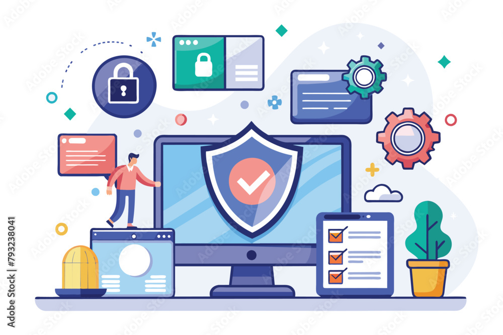 Poster a computer with a shield on top symbolizing online data security protection, online data security re