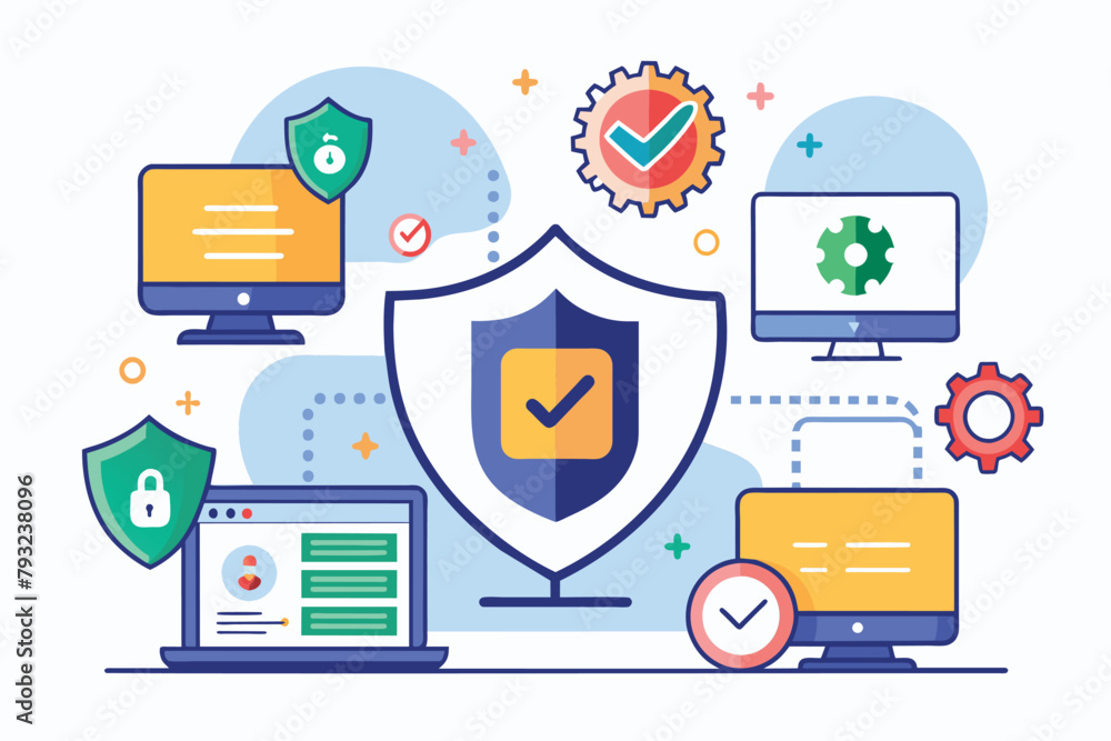 Poster a computer protected by a shield on top, symbolizing online data security, online data security rest