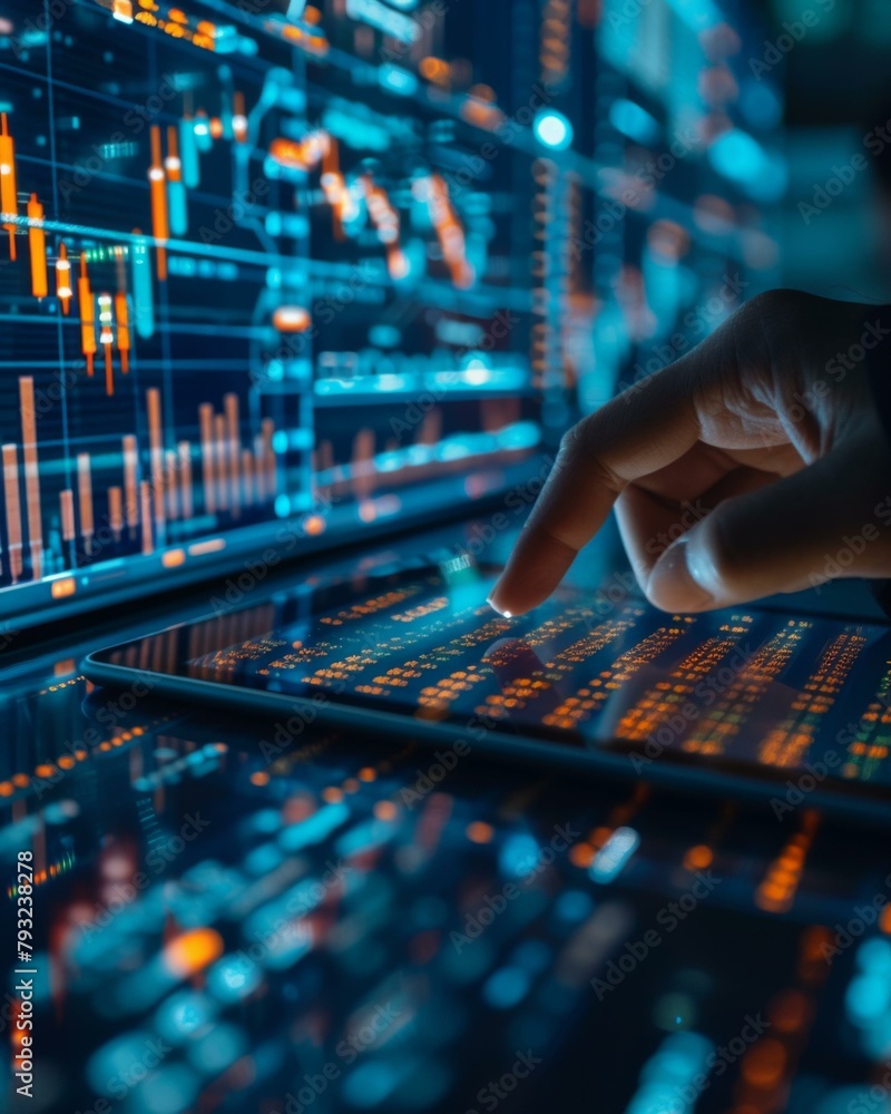 Poster a man using a tablet computer with stock market data on the screen. generative ai.