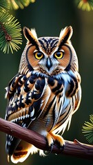 Close-up owl on a pine tree branch