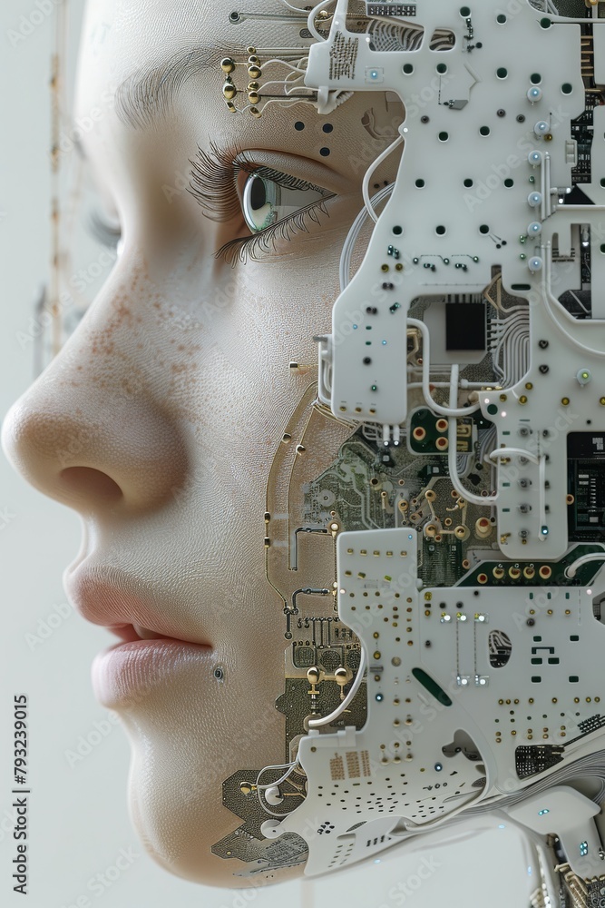 Poster A Robotic Womans Portrait Emblematic of Advanced Artificial Intelligence and Human-Machine Integration, Generative AI