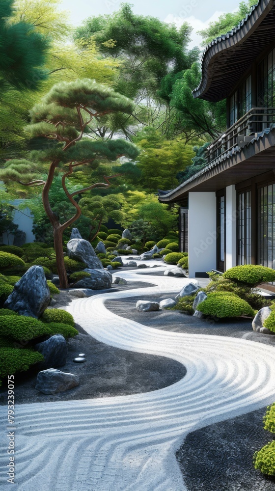 Poster a japanese garden with a stone path and trees. generative ai.