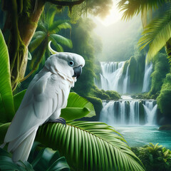 White cockatoo parrot in green tropical leaves. Palms, jungle forest landscape, cascade waterfalls. Tropical background illustration