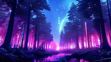 A forest of neon trees where dreams are born in the dark night