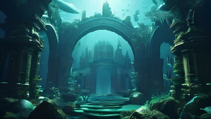 A forgotten city beneath the waves guarded by mermaids - obrazy, fototapety, plakaty