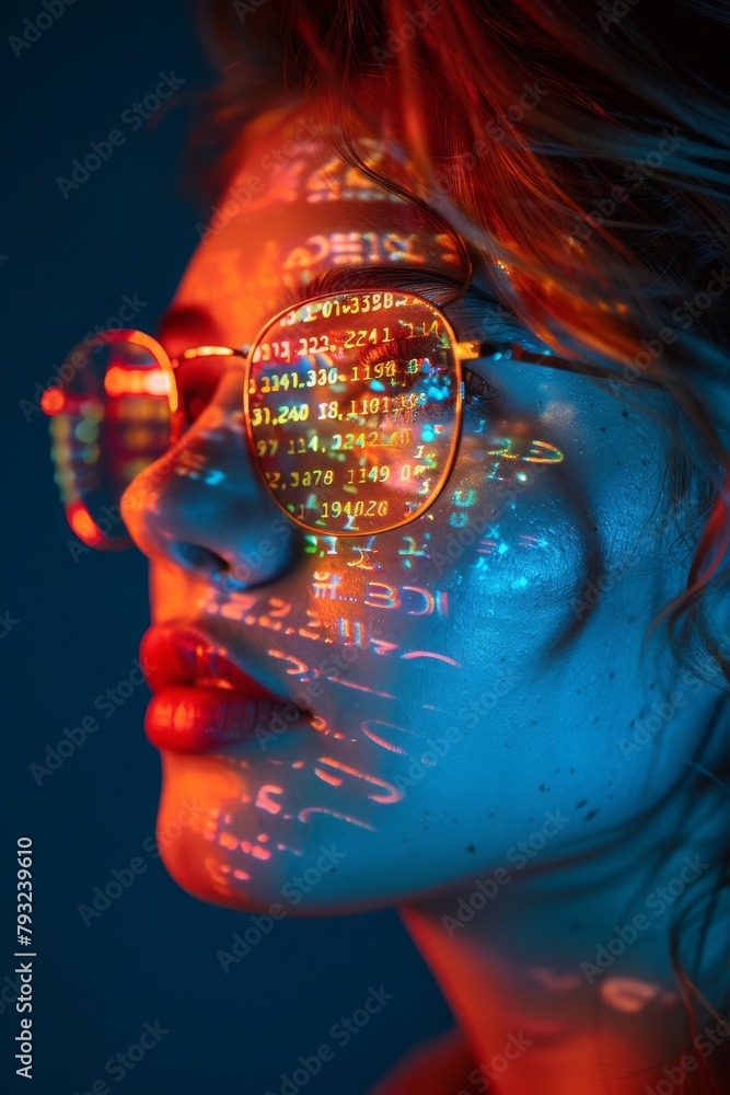 Poster a cyber-era portrait: womans face illuminated by data projection through neon glasses, embodying the