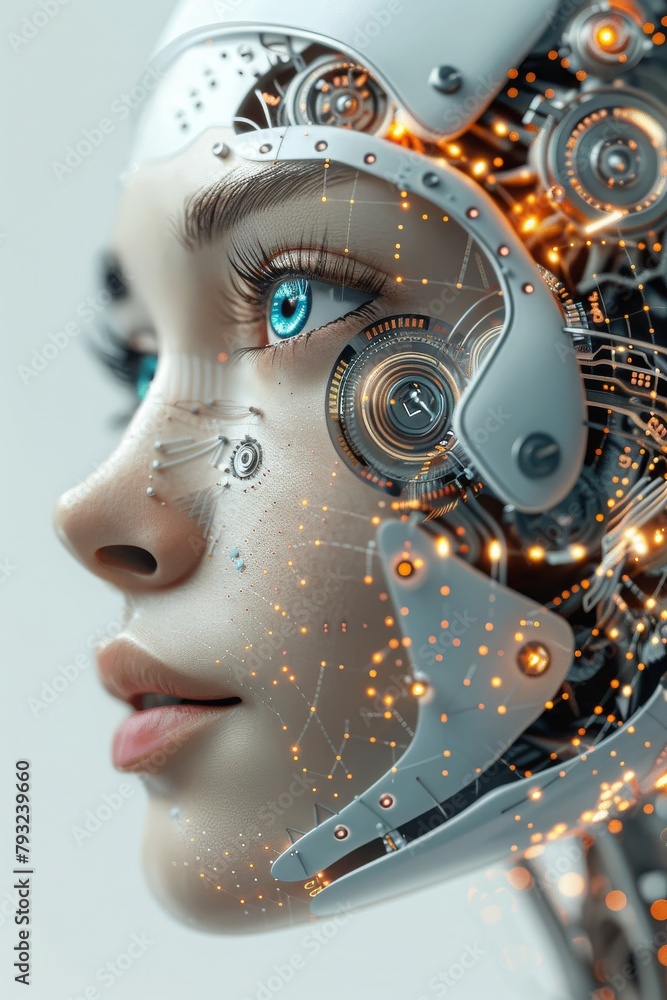 Poster A Robotic Womans Portrait Emblematic of Advanced Artificial Intelligence and Human-Machine Integration, Generative AI