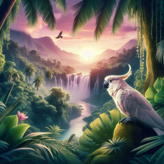 White cockatoo parrot in tropical leaves. Green palms, mountains, waterfalls. beautiful sunset landscape.  Picturesque background illustration