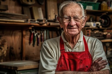 Portrait of a smiling elderly man in glasses against the backdrop of a workshop. - Powered by Adobe