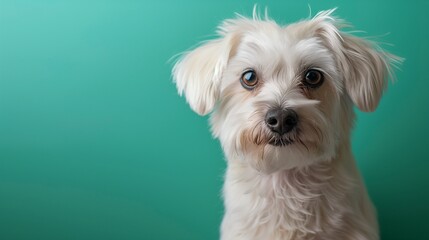 High-Definition Photograph of a Pure White Dog Against a Cool Mint Green Background, Ideal for Pet Branding