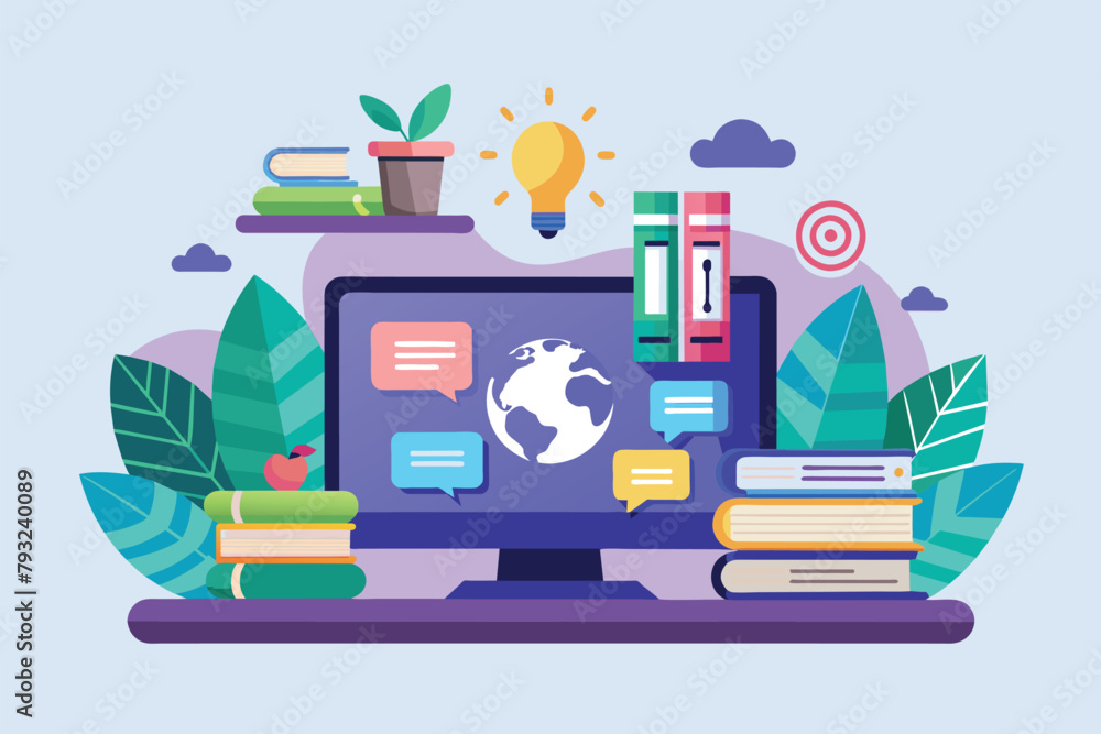 Poster a computer screen displaying online learning services with books and a light bulb on top, online lea
