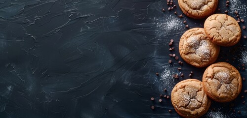 Fototapeta na wymiar Sugar-dusted cookies on a navy backdrop, simple elegance.