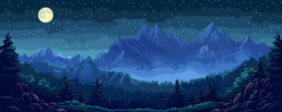 Serene pixel art scene of mountains under a starry night sky with a full moon