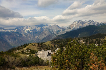 Alpine village in spring high in the mountains
