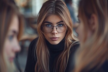 A charming lady with glasses and long blond hair looks at the camera among her colleagues in the office.