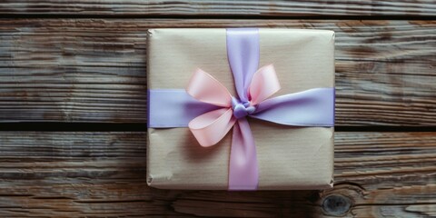 A gift wrapped in a brown paper with pink ribbon. Generative AI.