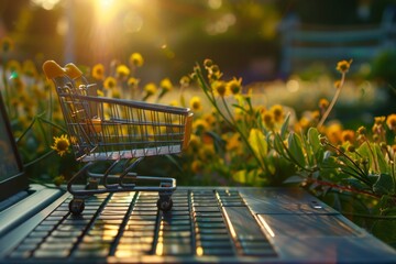 Online shopping concept, laptop keyboard with cart in garden at sunset, e-commerce technology