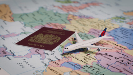 Fototapeta na wymiar world tourism, vacation, plane and passport on a map of europe, traveling the world