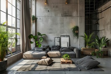 Modern industrial loft living room interior with concrete wall and large windows