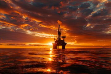 Dramatic sunset view with silhouette of oil rig on the sea - offshore oil drilling concept