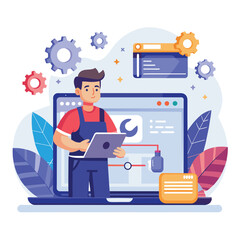 A man fixing his laptop using a wrench in an online repair service setting, online repair service on the website, Simple and minimalist flat Vector Illustration