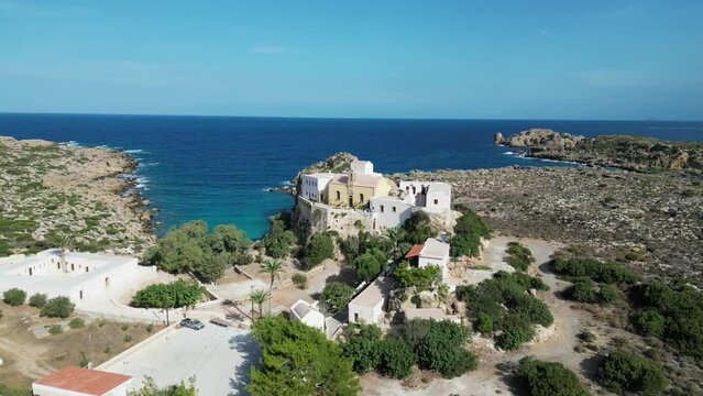 Aerial view, Chryssoskalitissa Monastery,  Crete island, Greece, near Elafonissi Beach,  built on a rock.