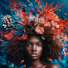 A young woman with a stunning headdress resembling a vibrant coral reef surrounded by fish