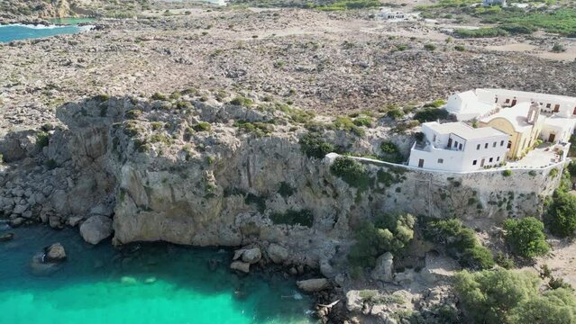 Aerial view, Chryssoskalitissa Monastery,  Crete island, Greece, near Elafonissi Beach,  built on a rock.