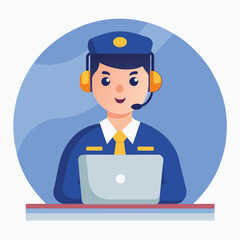 A man in a blue uniform is focused while working on a laptop with headphones on, online service officer, Simple and minimalist flat Vector Illustration