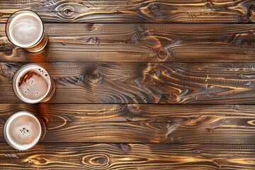 wooden background with beer glasses on the left side, top view, flat lay, stock photo, copy space concept Generative AI