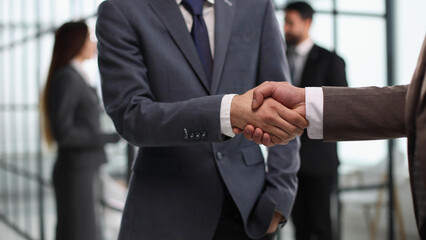 Close-up of business partners handshaking after successful agree