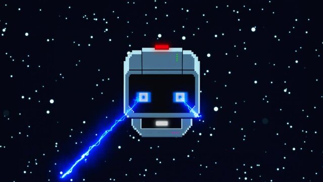 Cartoon robot in space fly in galaxy to destroy enemies by blue energy rays from his mechanical eyes
