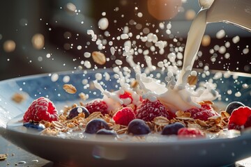 Vibrant bowl of cereal with fresh raspberries and blueberries, milk splash in morning light