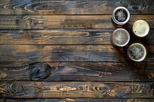 wooden background with beer glasses on the left side, top view, flat lay, stock photo, copy space concept Generative AI