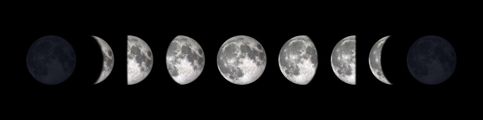 All phases of Moon Waning Crescent, Third Quarter, Waning Gibbous, Full Moon, Waxing Gibbous, First Quarter and Waxing Crescent, "Elements of this image furnished by NASA ", isolated black background.