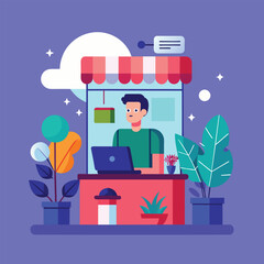 A man is sitting at a desk in front of a laptop screen, working or browsing the internet, Online shop b2b trending, Simple and minimalist flat Vector Illustration