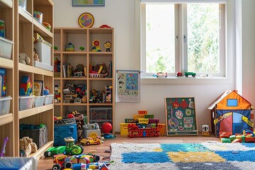 Clean and organized childs playroom with colorful toys, books, and spacious play area