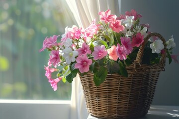 A wicker basket with delicate pink and white flowers stands near the window, bathed in sunlight.