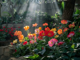 A garden with many flowers and sun shining through the trees. Generative AI.